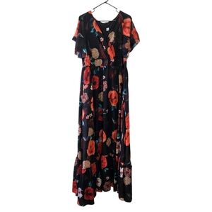 Flycurvy Black Floral Print Flutter Sleeve Tiered Maxi Dress XL